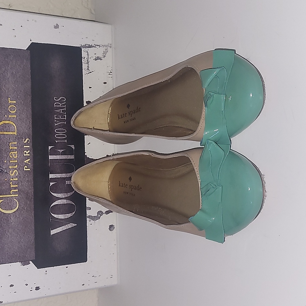 kate spade Beige and Mint Patent Bow Flats